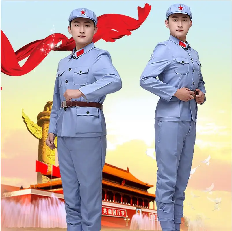 Uniforme chinês vermelho tipo exército, uniforme de palco adulto, roupa do exército vermelho cinza, uniforme militar de coro, fantasia moderna em anos de masturbação