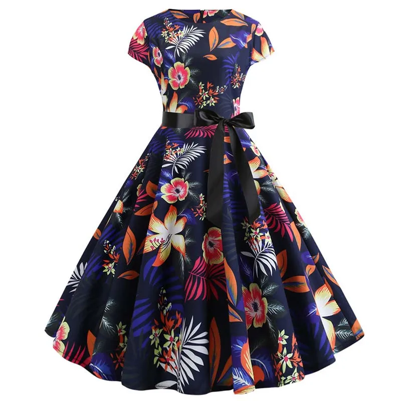 Women Floral Print Summer Dress 50s 60s Vintage Dress Female Short Sleeve Retro Robe Rockabilly Party Dresses Vestidos