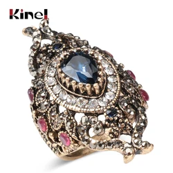 Kinel-anillos turcos de lujo para mujer, joyería de estilo Vintage, diamantes de imitación completos, anillo de flor de cristal azul grande y ancho, nuevo regalo 2017