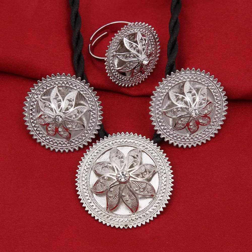 Silver Ethiopian Jewelry Sets White Blue Red Stone Silver Plated Habesha Bride Wedding Eritrea Chain