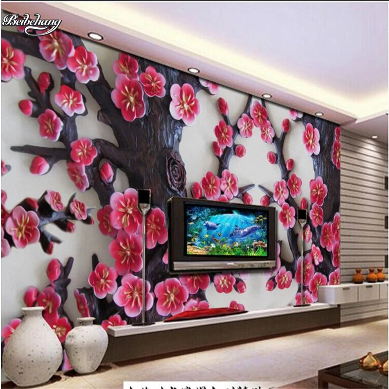 

beibehang Embossed three - dimensional plum murals TV backdrop large custom fresco non - woven wallpaper papel de parede