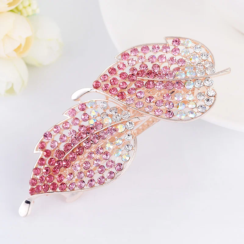 EASYA High Quality Full Crystal Hairpin Hairwear Jewelry Tone Metal Rhinestone Leaves Hair Clip Barrettes