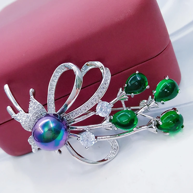 

New Broche Jewelry Silver Color Pin with Green Pear Pedra Acessorio Simulated Pearl Colorful Flower Brooch for Women Accessories