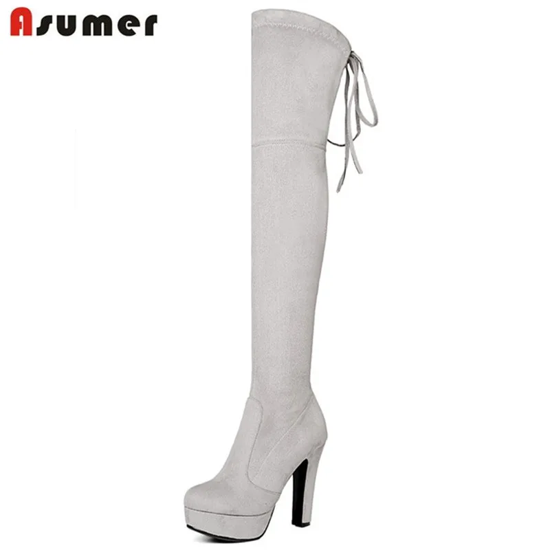 Asumer Spuer scarpe tacchi sopra gli stivali al ginocchio di modo elegante del partito scarpe autunno inverno stivali piattaforma gregge di alta