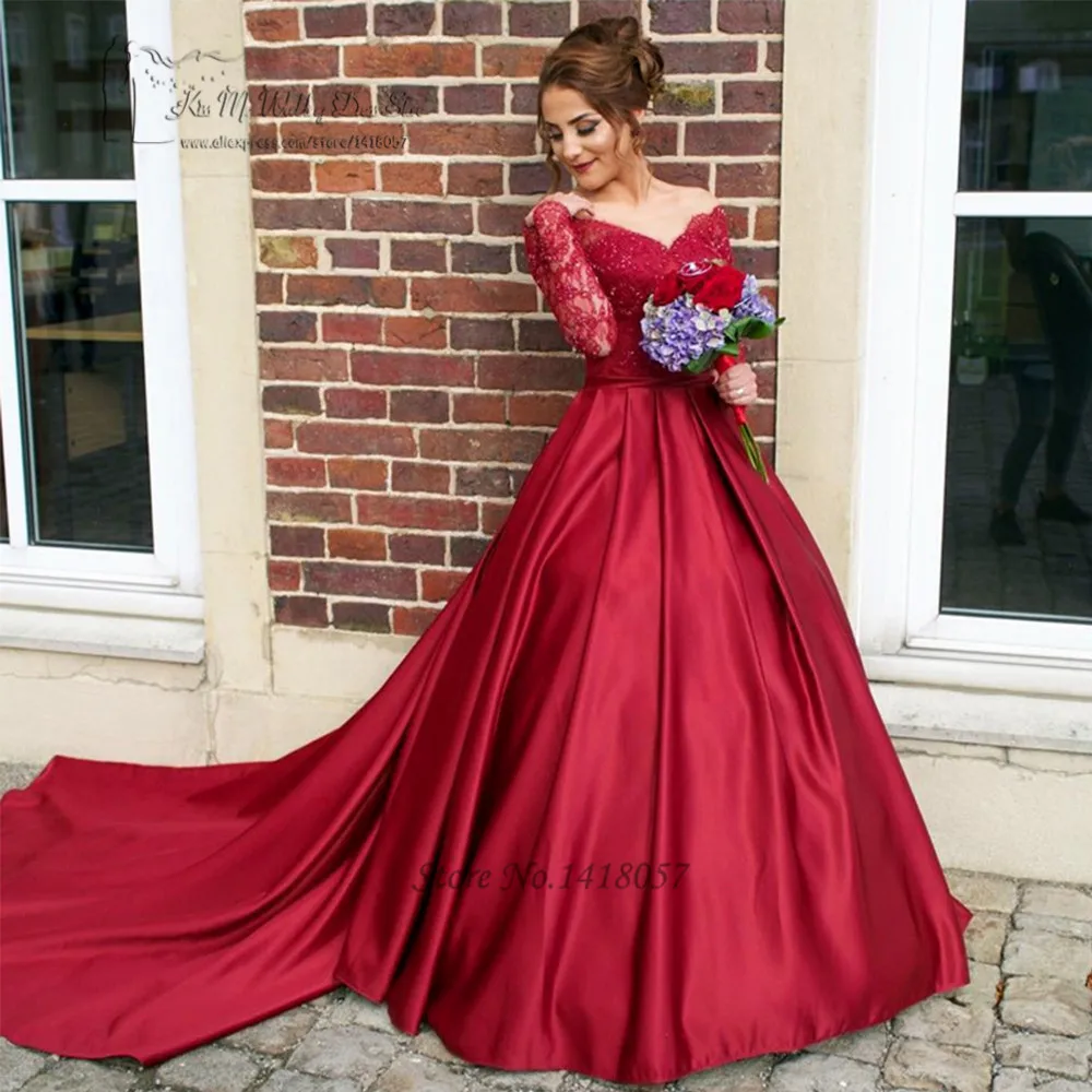 Robe de mariée arabe rouge à manches longues, en dentelle, avec traîne détachable, en Satin, bordeaux, 2017