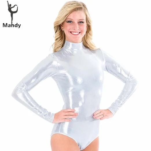 Mandy Adulti Argento Dolcevita Lucido Lycra Ginnastica Body Costumi Per Le Ragazze di Danza Manica Lunga Metallic Unitard Zip Up