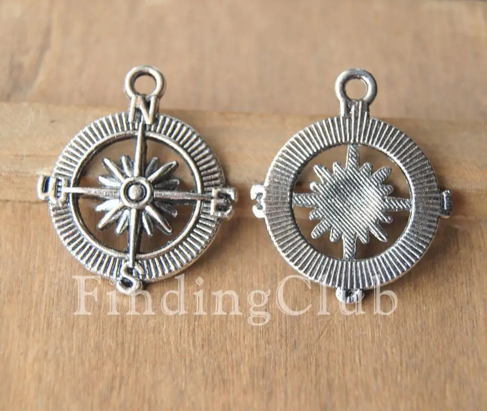 30 pcs 2 Colors Compass Charm Pendants Metal Bracelet Necklace Jewelry Findings 25mm