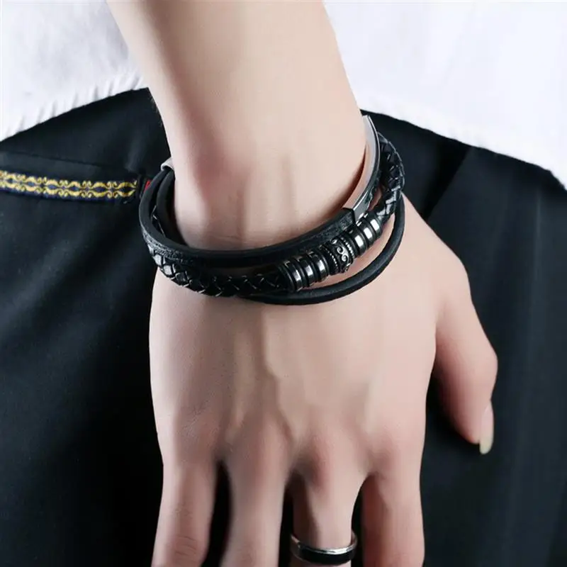 Jiayiqi Men Jewelry Genuine Leather Bracelets Fashion New Stainless Steel Magnetic Clasp Punk Black Brown Rope Brangle for Gifts