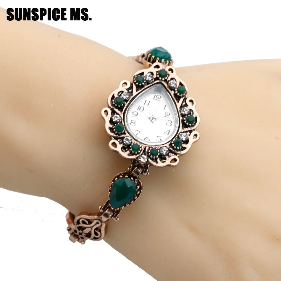 Sunspicems Vintage Turkish Green Resin Charm Bracelets Watch For Women Spring Flower Jewelry Quartz Watch Antique Bronze Color