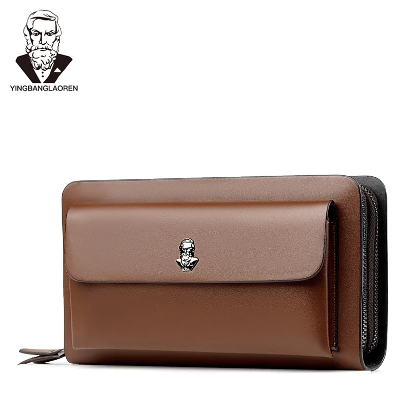 Bolso de mano con cremalleras dobles para hombre, cartera larga y suave de gran capacidad, tarjetero, para negocios