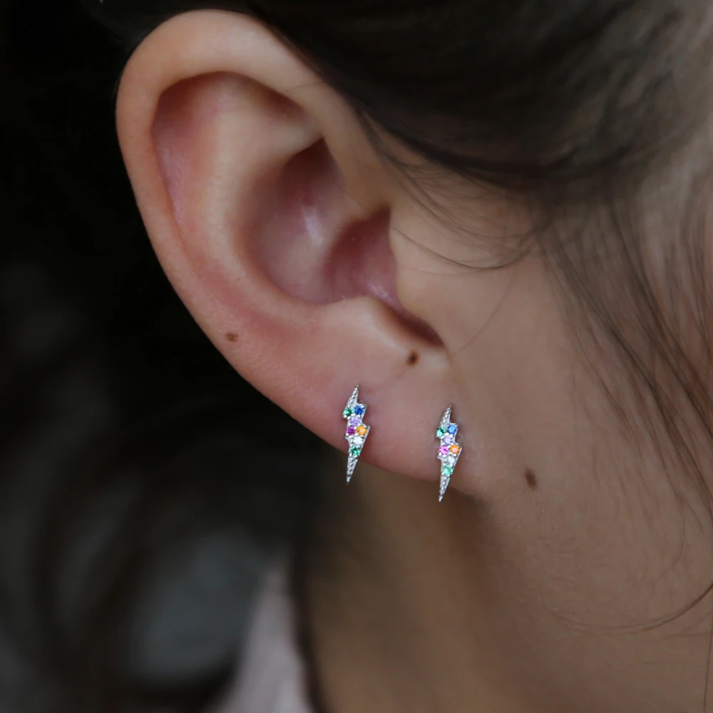 cute lovely girl stud earring multi color cz paved lightning stud mini small delicate piercing anti allergy silver color jewelry