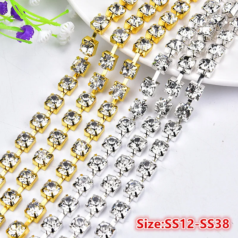 AAAAA 5yards/Lot Strass Rhinestones Cupchain SS12 SS16 SS20 SS30 SS38 Clear Crystal AB Trimming Sliver Gold Square Plating DIY