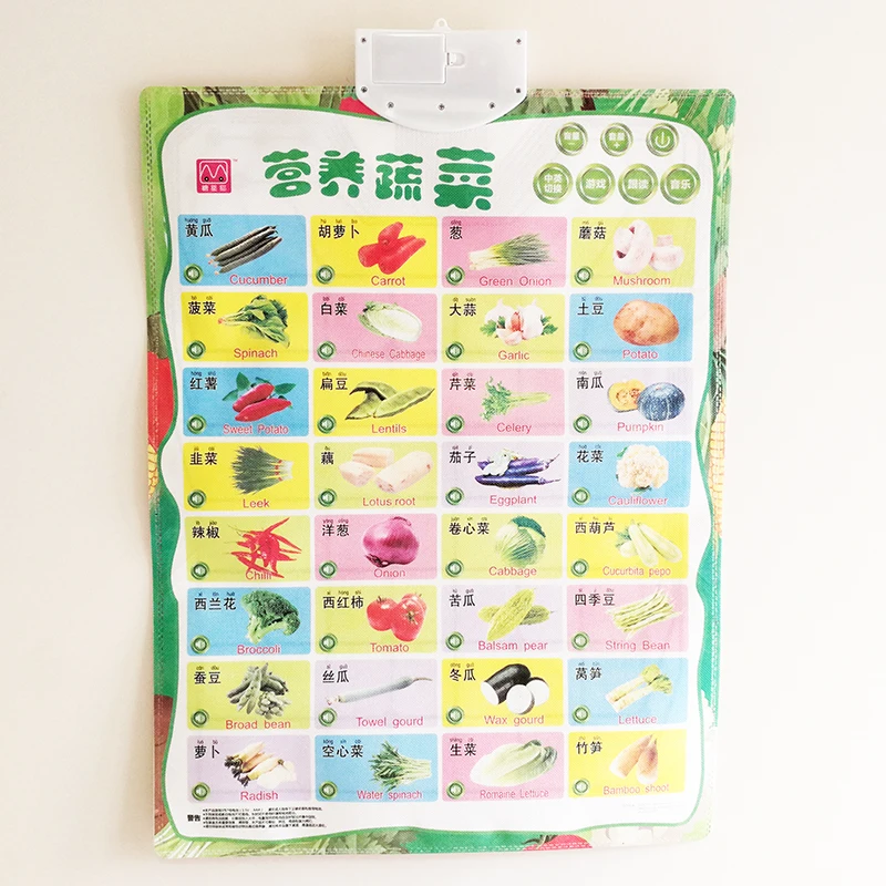 Electronic Learning Bilingual Chart Vegetables & Fruits (Double Sided) English&Chinese Early Education Wall Poster 16.5x22In