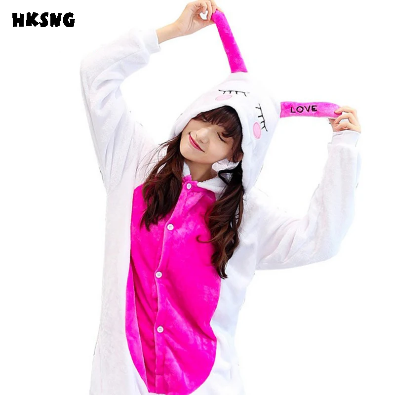 

HKSNG Winter Adult Animal Cartoon Flannel Warm Pink Lovely Rabbit Pajamas Kigurumi Onesies Cosplay For Christmas Kigurumi