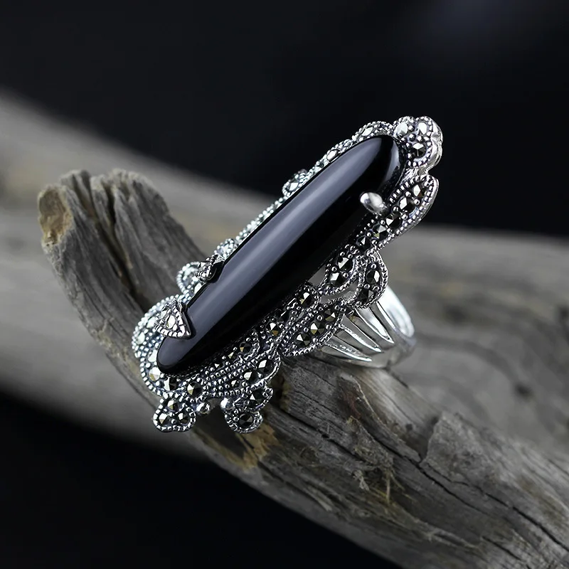 

KJJEAXCMY fine jewelry S925 sterling silver jewelry precision craft taiyin lady black agate opening ring party christmas gift