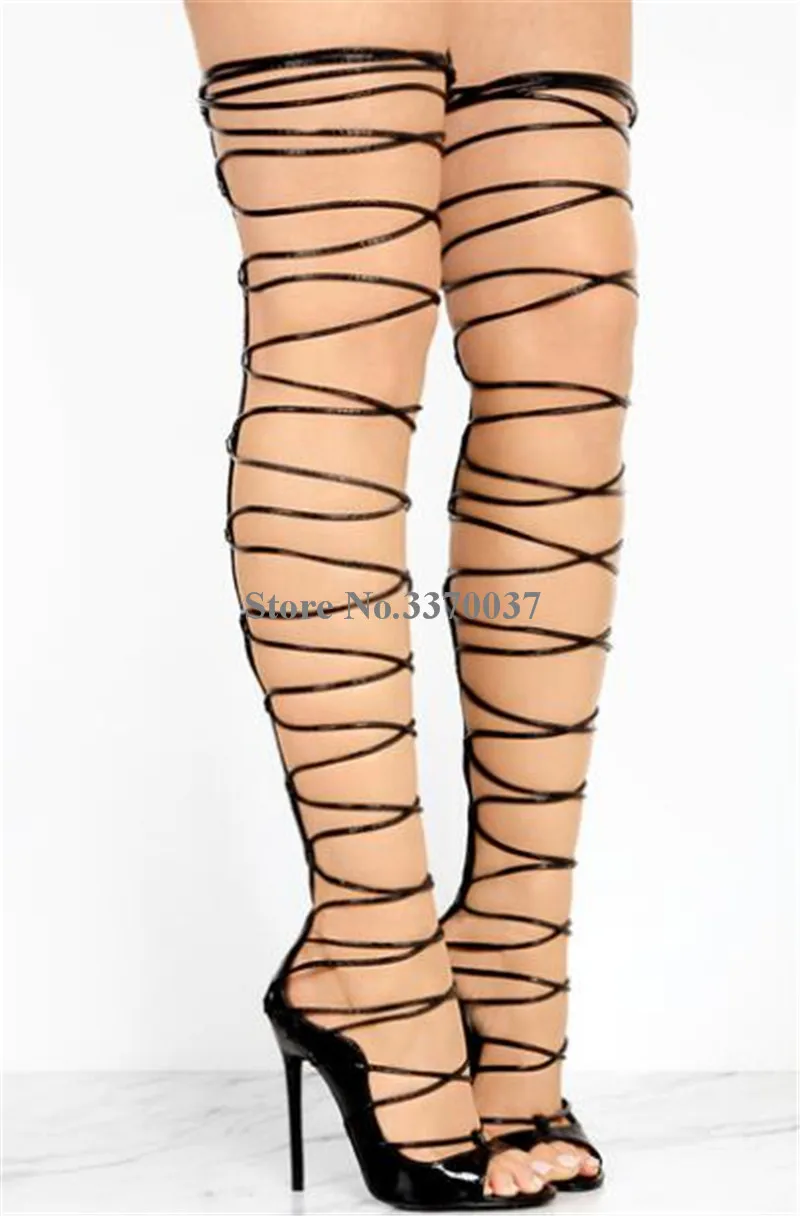 2018 New Fashion Women Open Toe Gold Black Lace-up Over Knee Gladiator Boots Straps Design Thigh High Long High Heel Sandal Boot