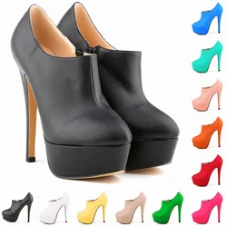 LOSLANDIFEN Concise Soft Leather Ankle Boots Platform Zipper Short Boots Fashion Women's Shoes 14cm Super High Heels Shoes Woman