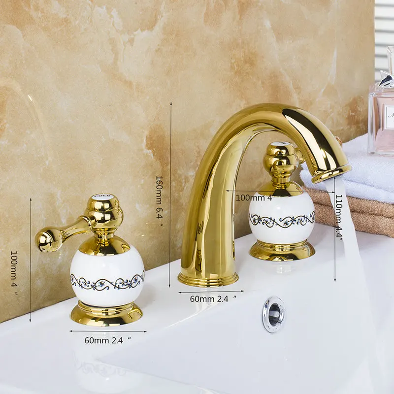 OUBONI Luxury 3PCS Set Bathtub Golden Plated Bathroom Faucet set European Split Basin Mixer Tap ceramic Faucet Body Two Handles