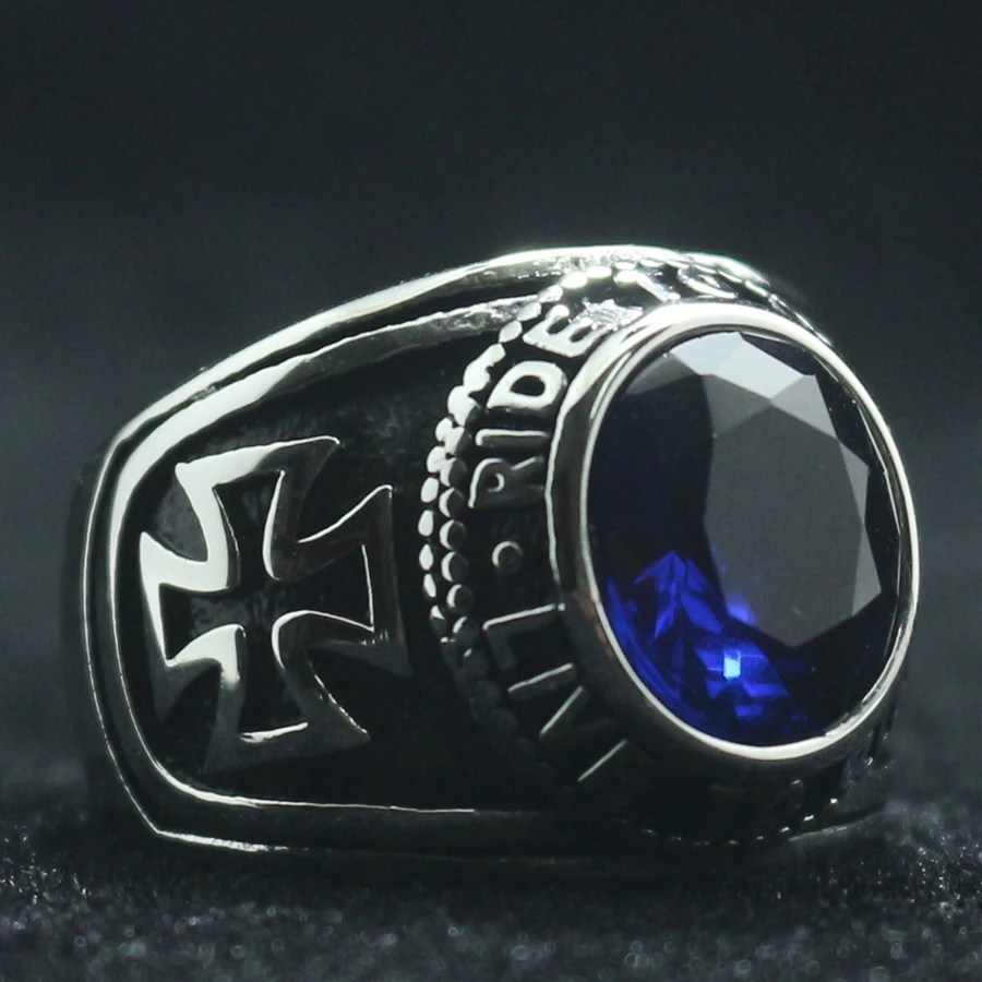 Unisex 316L Stainless Steel Cool Ride To Live, Live To Live Cross Blue Stone Rider Ring