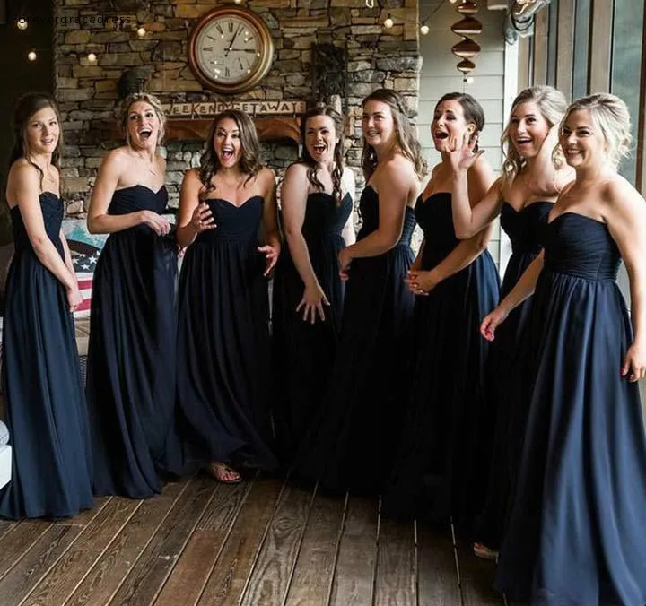 

New Dark Navy Chiffon Bridesmaid Dresses 2019 Sweetheart Summer Country Garden Formal Wedding Party Guest Maid of Honor Gowns