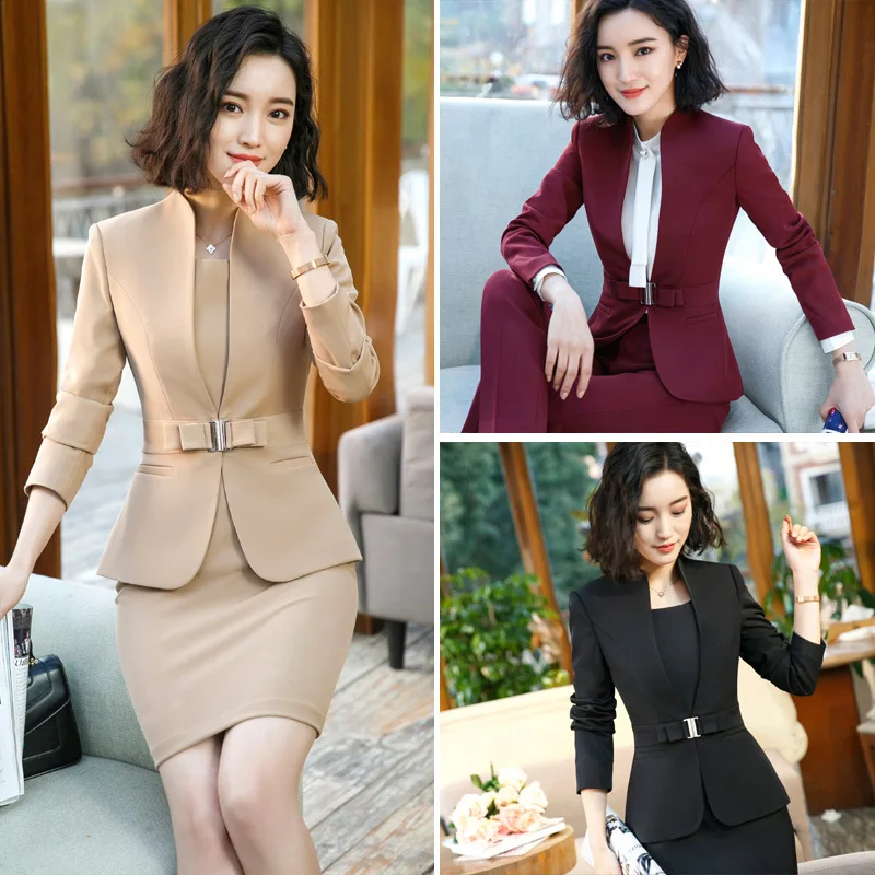 IZICFLY Formal Office Dress Set for Womens Blazers Long Sleeve Uniform Elegant Feminino Business Jacket Suit