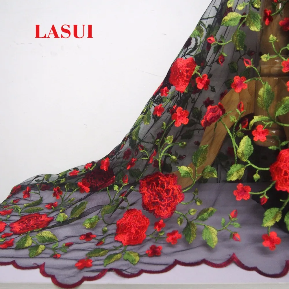 LASUI  TOP quality Skirt dress fashion cloth good-look Black mesh Rose embroidery lace fabric diy embroidered  X0106