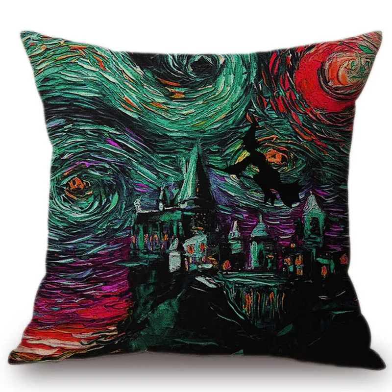 Van Gogh Starry Night Oil Painting Funny Art Castle Witch Home Decor Pillow Cover Tardis Peter Pan Creative Linen Cushion Cover