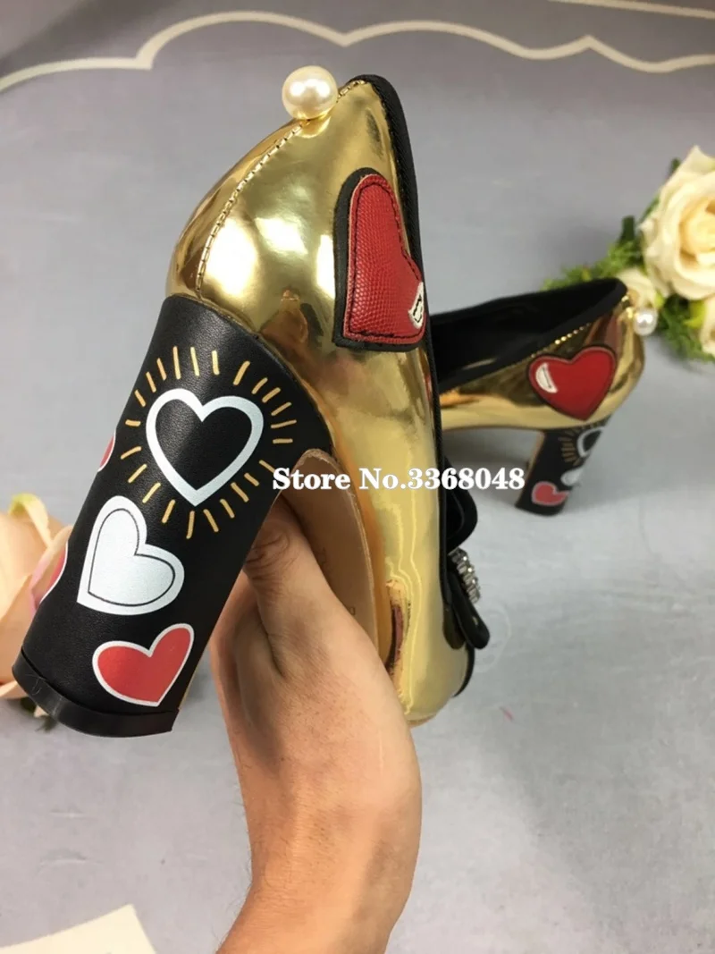 2019 New Gold Patent Leather Woman Pumps Crystal Buckle High Square Heels Normal Dress Shoes Mixed Colors Female Spring Shoes