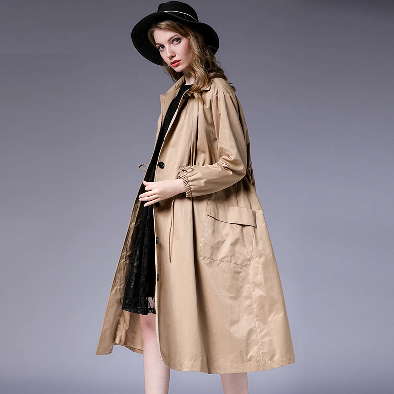 Plus Size Womens Loose Fashion Trench Coat Temperament Elegant Coat Oversize Long Sleeve Collect Waist Solid Autumn Coats New