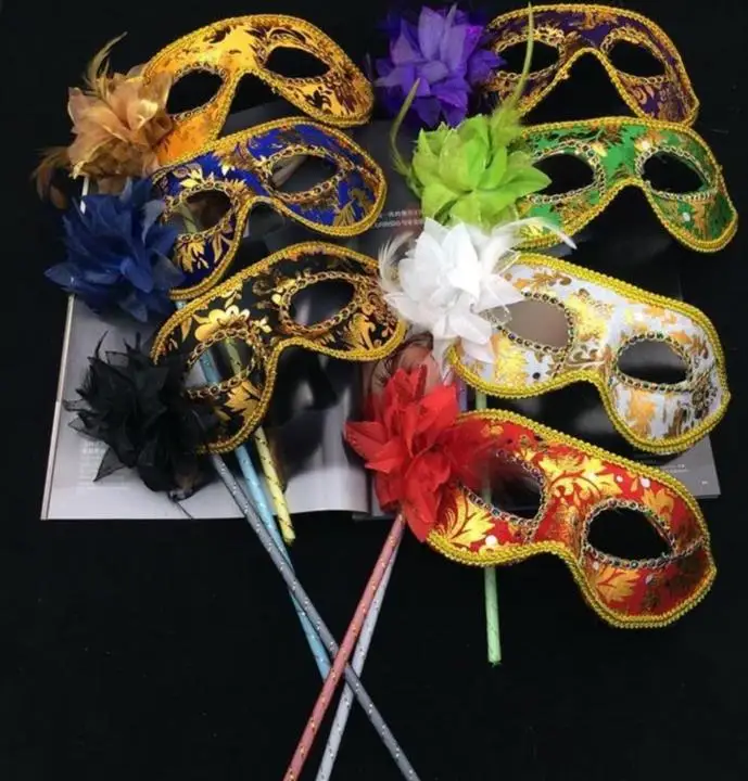 

Venetian masquerade feather flower mask on stick Mardi Gras Costume printing Halloween Carnival Hand Held Stick party eye mask