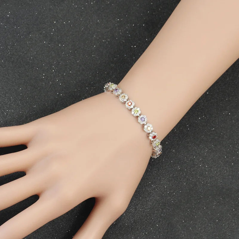 BeaQueen Lovely Colorful Flower Crystal White Gold Color Jewelry Micro Paved Cubic Zirconia Stone Cute Bracelets for Ladies B099