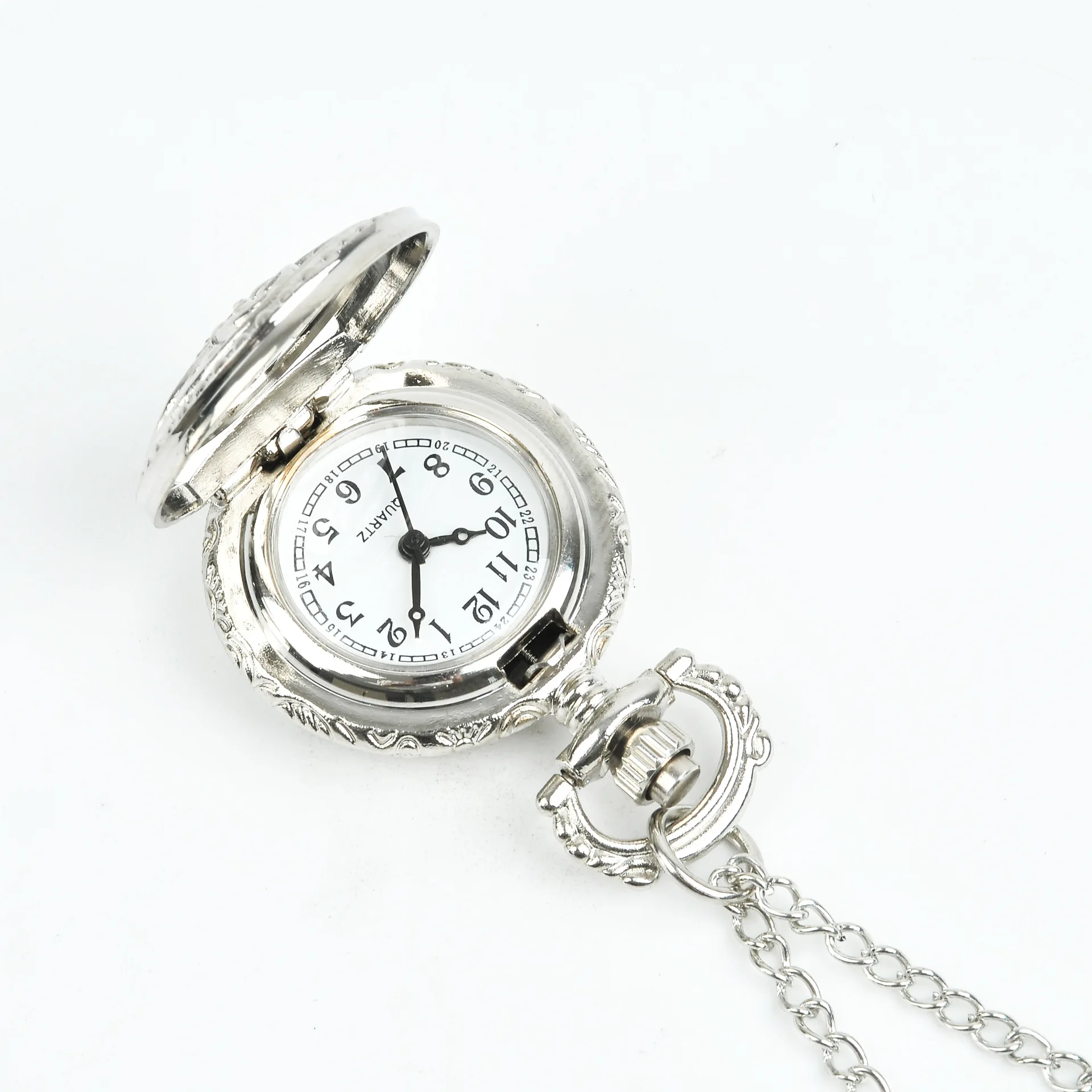 0 Mode Klassieke Dame Zilveren Hanger Ketting Met Vier Bloemblaadjes Holle Zakhorloge Gift Stijl