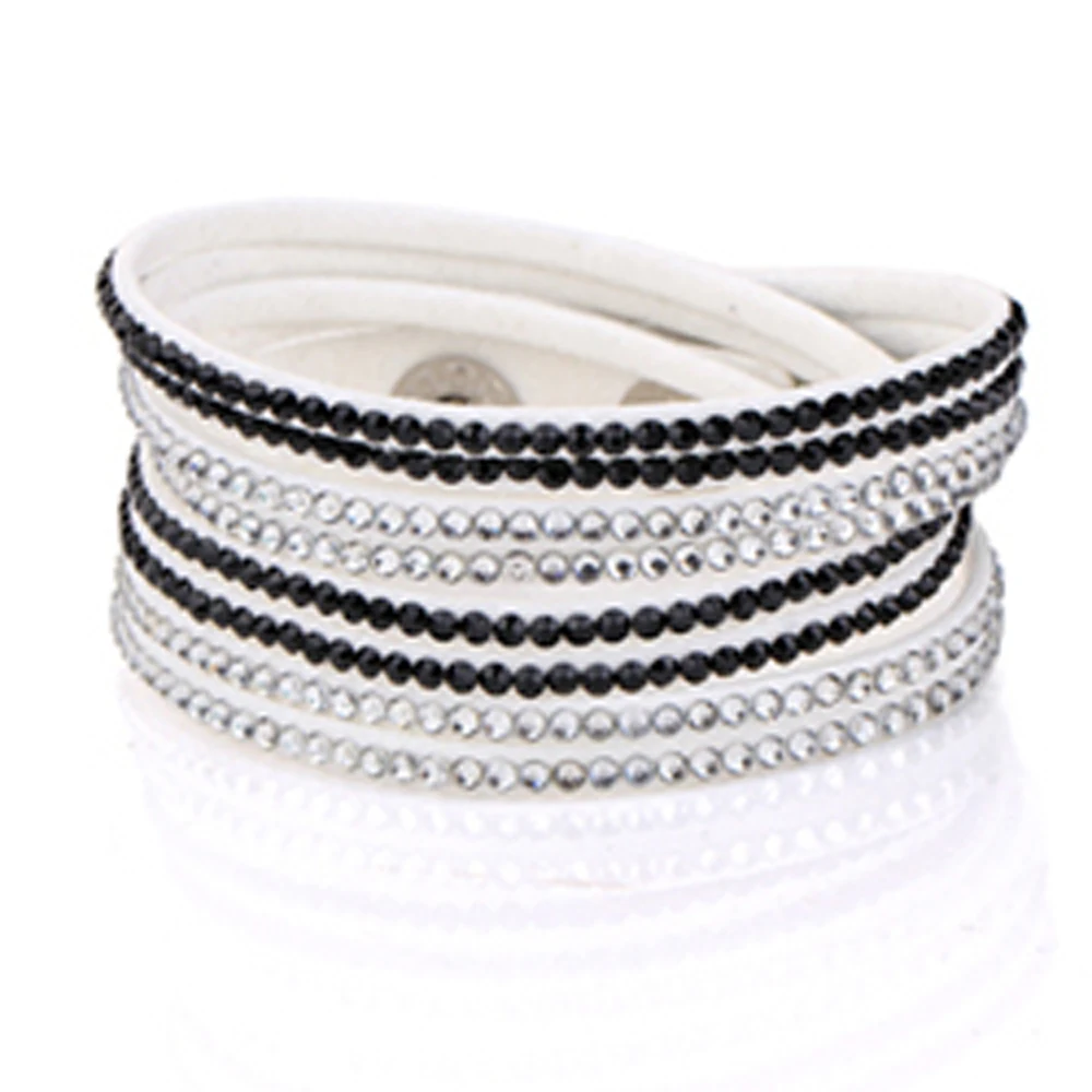 Multilayer Leather Personality Hematite Lucky Full Crystal Snap Button Wrap Bracelet