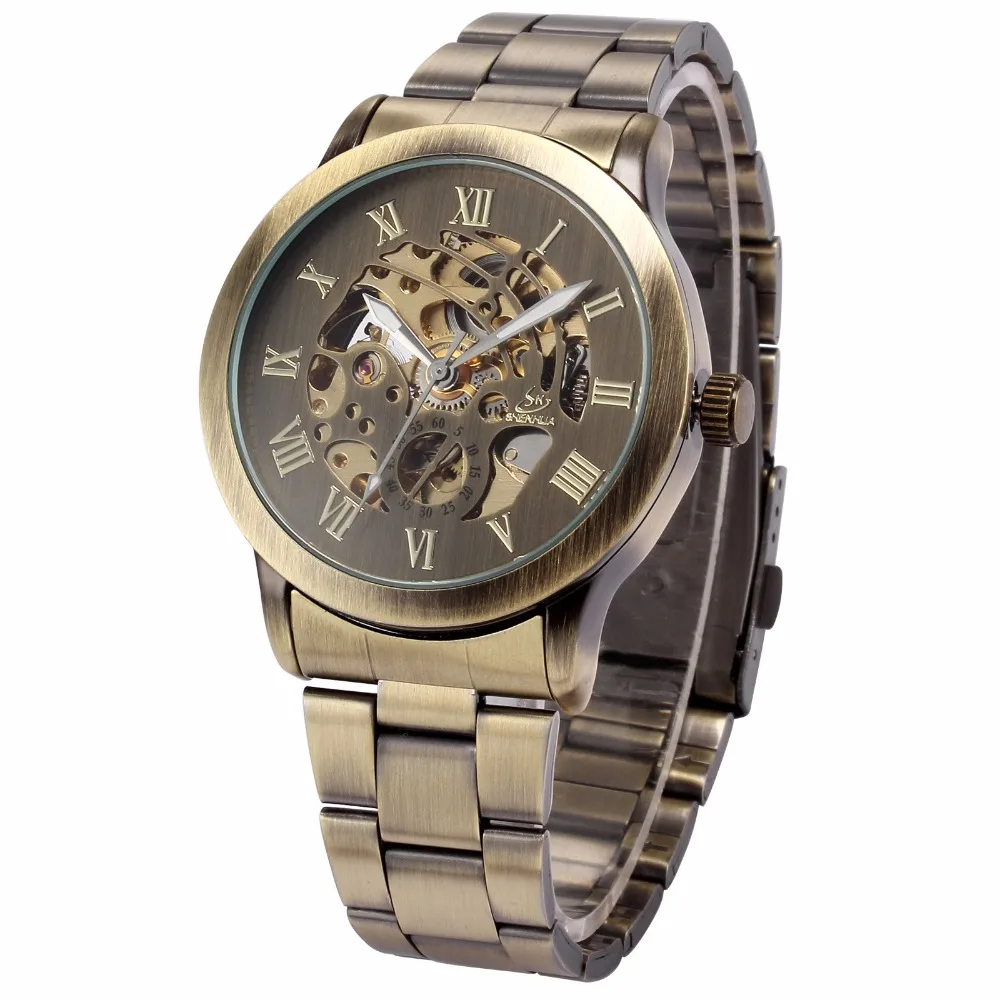 SHENHUA Luxury Brand Bronze Men Skeleton Mechanical Watches Male Clock Stainless Steel Strap Fashion Casual Automatic Watch