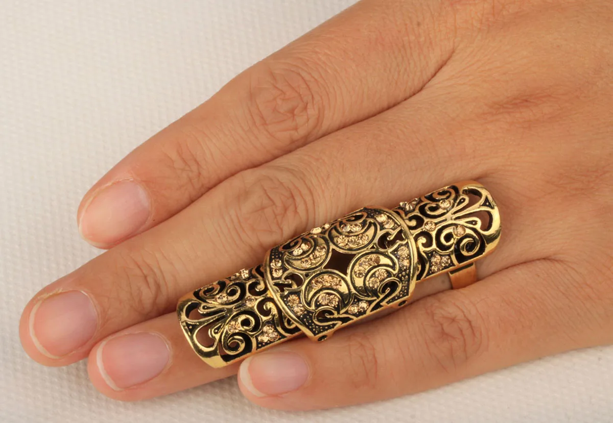 YACQ Double Full Finger Knuckle Long Armor Ring for Women Antique Gold Silver Plated Punk Rock Party Jewelry Dropshipping RM05