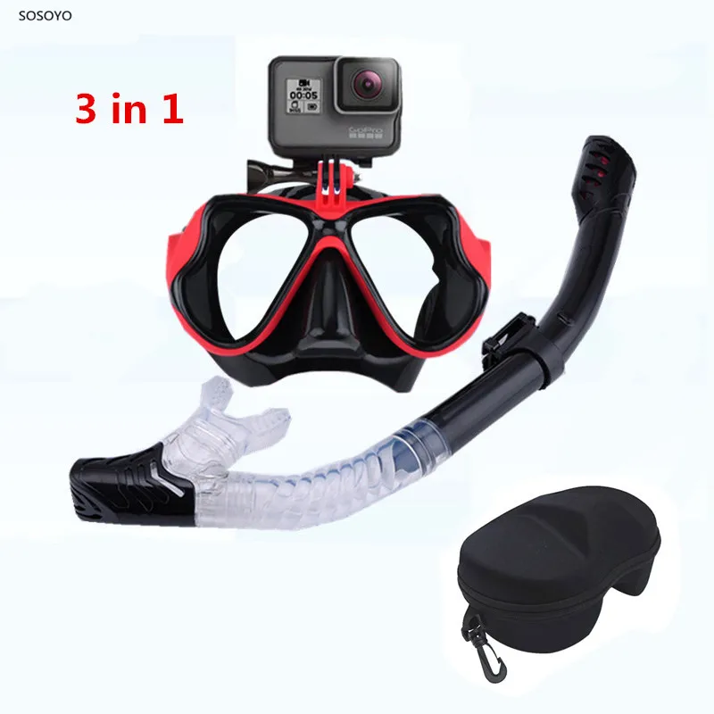 3 in 1 Set Diving Mask Snorkeling Snorkel Tube Underwater Waterproof Swimming Goggles with Glasses Case For GoPro Xiaomi Camera