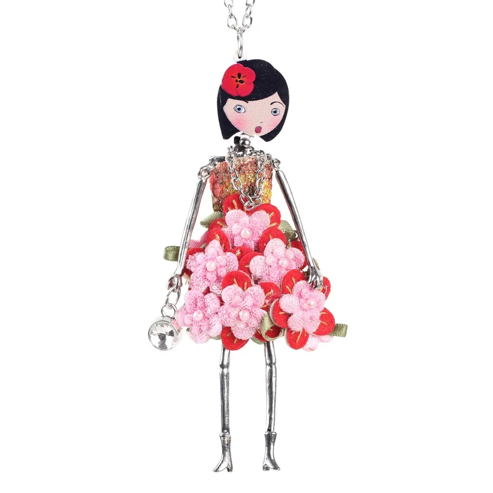 Bonsny doll Necklace Dress Trendy Long Chain 2017 New Acrylic Alloy For Girl Women Red Flower Figure Fashion Jewelry Accessories