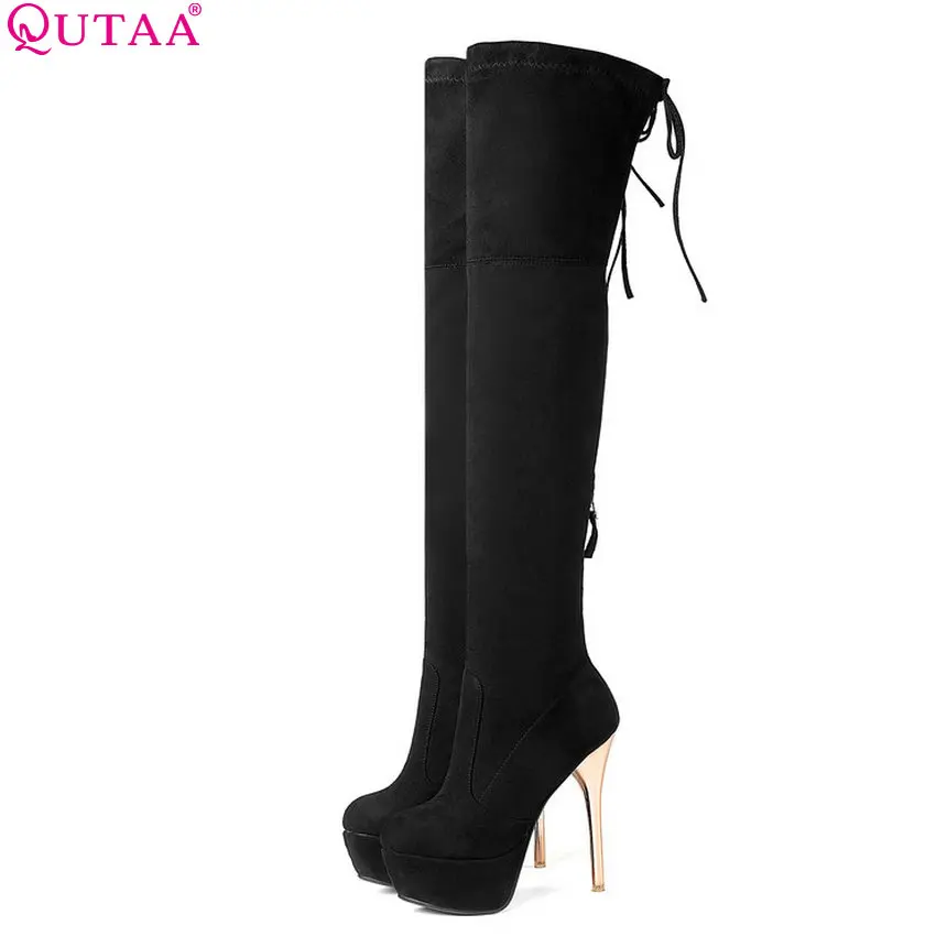 QUTAA Women Over The Knee High Boots Sexy Platform All Match Thin High Heel Winter Shoes Round Toe Women Boots Size 34-43