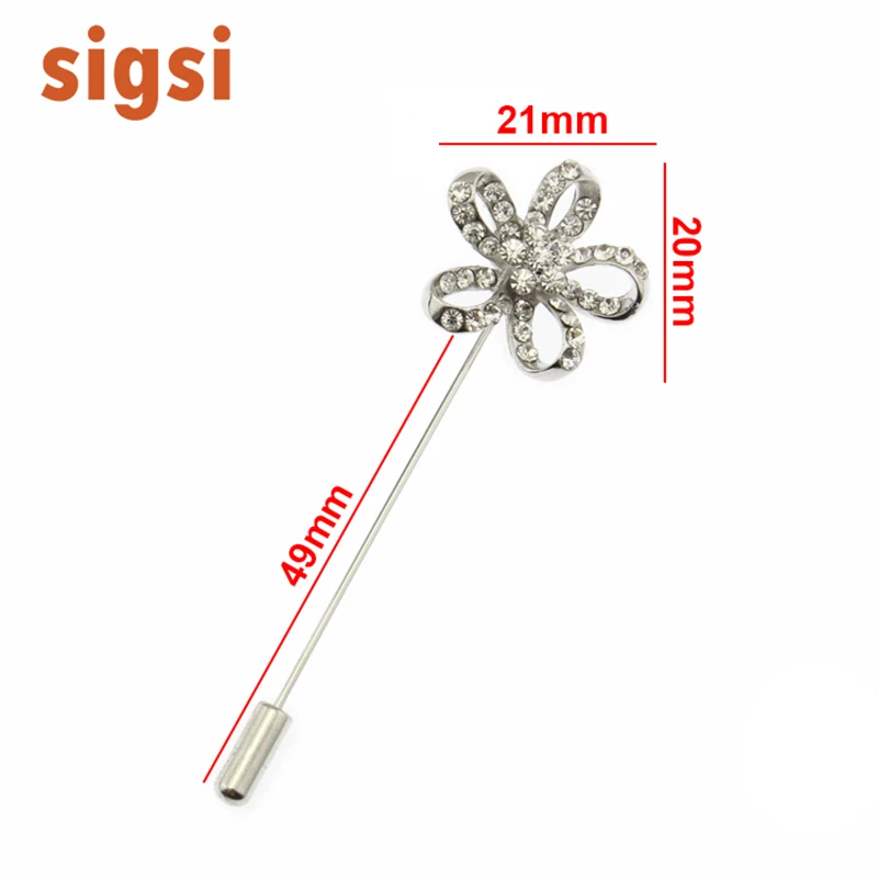 New Arrival Silver Tone Rhinestone Crystal Flower Long Needle Lapel Pin For Suit