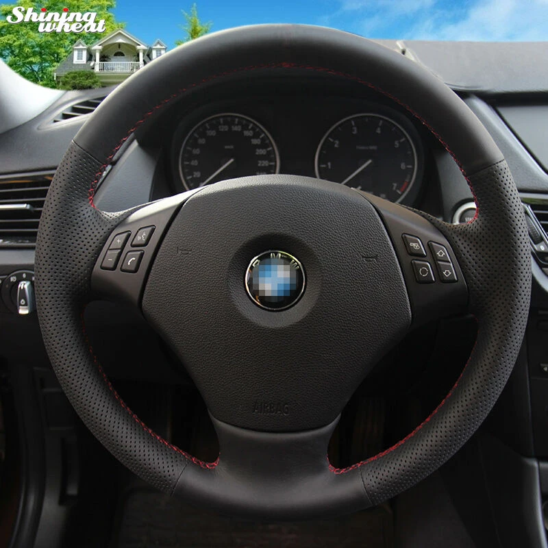 

Shining wheat Black Genuine Leather Car Steering Wheel Cover for BMW E90 320 318i 320i 325i 330i 320d X1