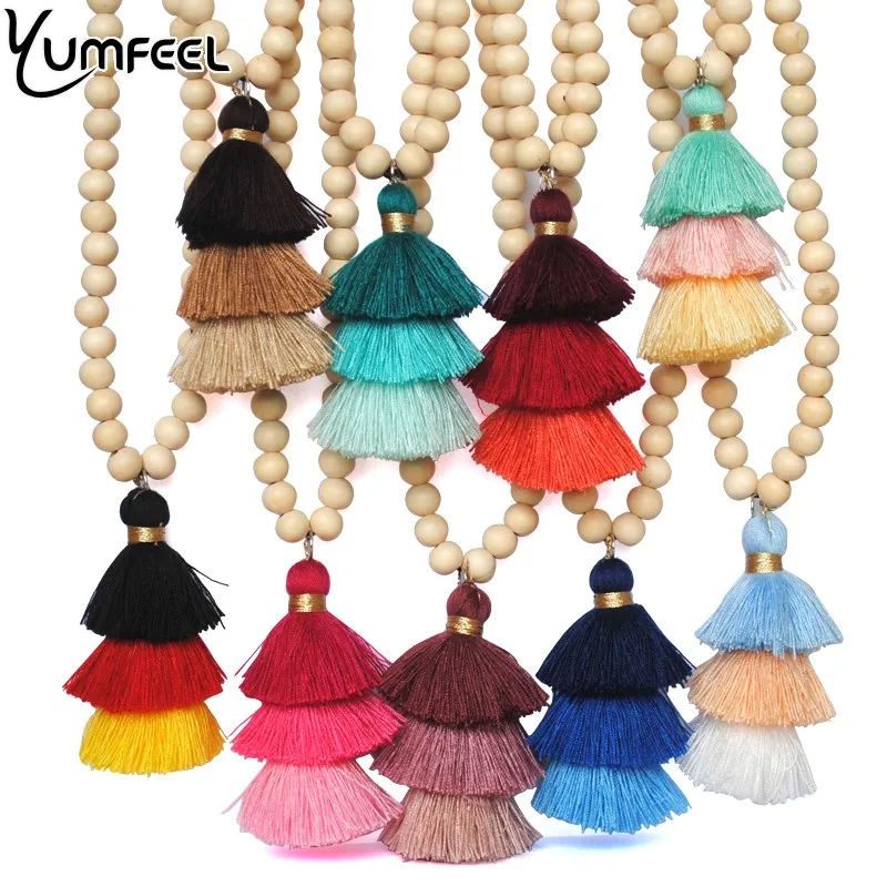 Цепочка с кисточками Yumfeel, праздничное ожерелье 10 мм из натурального дерева цвета слоновой кости и белого дерева, трехслойное хлопковое искусственное ожерелье в стиле бохо для йоги