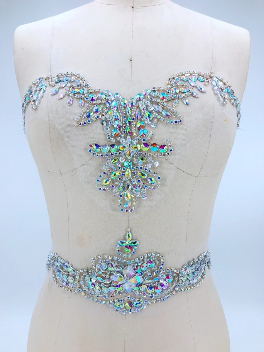 handmade sew on clear AB colour rhinestones applique on mesh  crystals trim patches 34*18cm&30*9cm for dress DIY   accessories