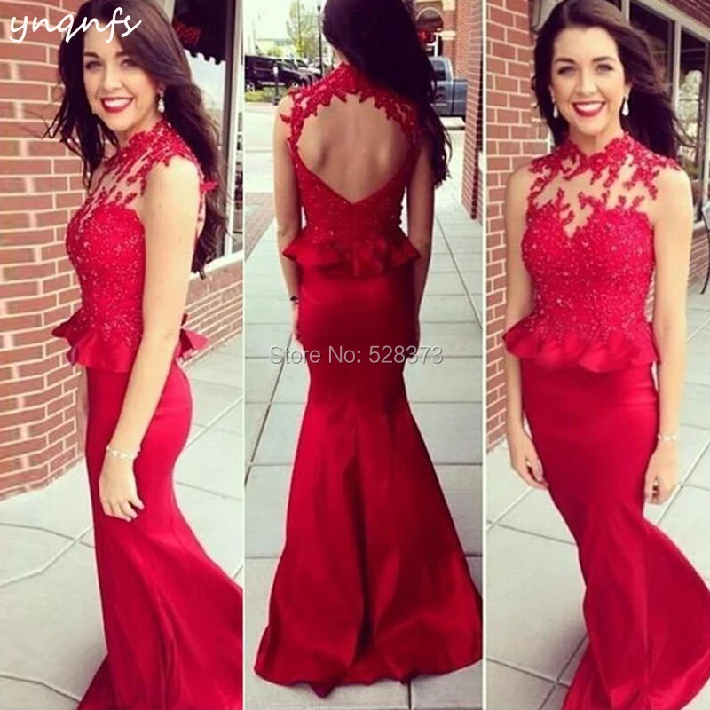 

YNQNFS ED230 Elegant High Neck Open Back Mermaid Red Vestido de Festa Longo Evening Party Guest Wear Mother of the Bride Dresses