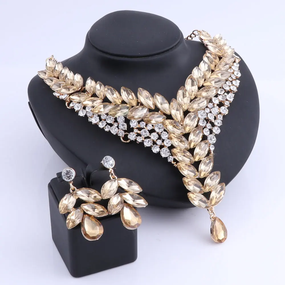 Women Champagne Crystal Wedding Bride Party Costume Accessories Bridal Necklace Earring Jewelry Sets