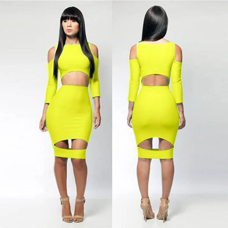 Cut-Out A Manica Lunga del Vestito Delle Donne Nero Bianco Blu Rosa Verde Giallo O Collo Aderente Vestito Sexy Cut-Out Midi vestito Abiti