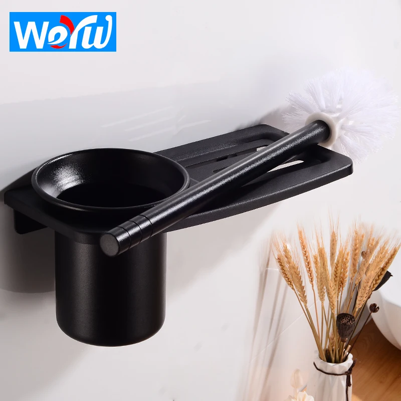 Black Toilet Brush Holder Set Wall Mounted Aluminum Modern Cleaning Tool Brush Holder with Shelf Creative Bathroom Accessories