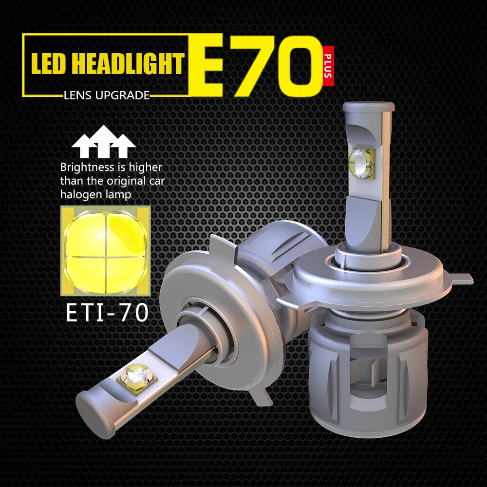 1 Set H4 9003 60W 6000LM E70 LED Headlight Front Lens Lamps Bulbs ETI-70 4SMD Chips Turbo Fan White 6000K H/L Beam 120W 12000LM