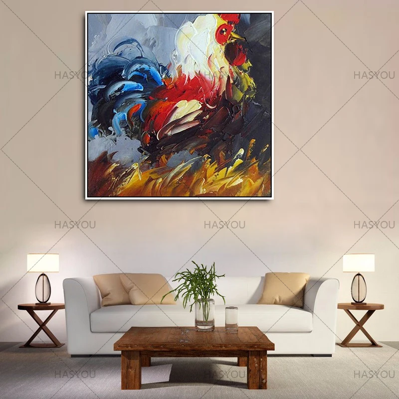 Bold Brushstroke Cockerel Thick Oil Painting On Canvas, Modern Textured Artwork Handpainted Square Wall Decor
