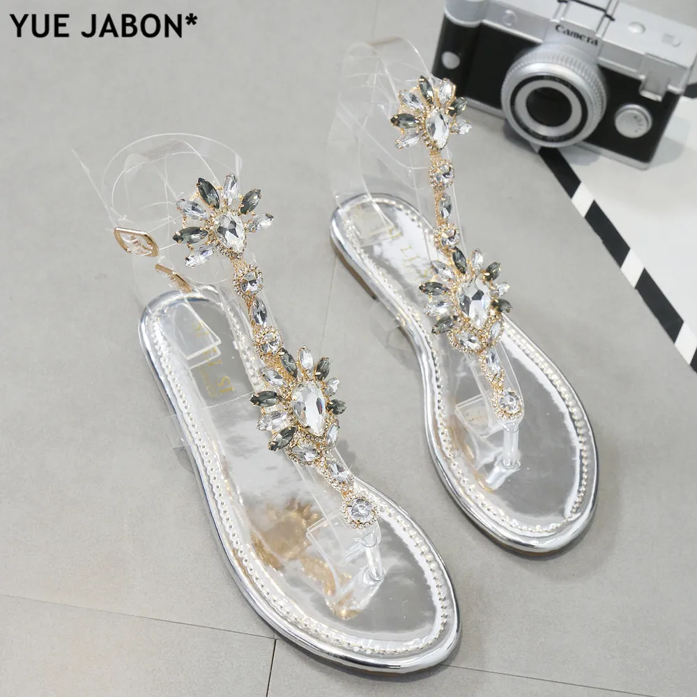 Sliver Woman Sandals Rhinestones Chains T-strap Comfortable Flat Crystal Sandals T-strap Thong Crystal Flip Flops Drop shipping