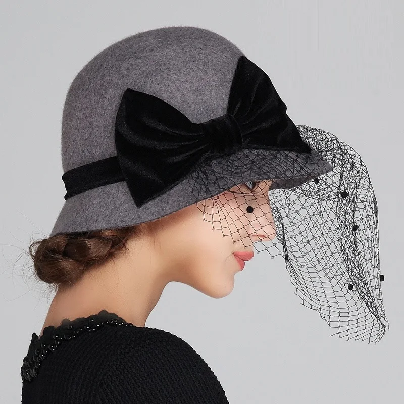 New Arrival Lady Fedoras Hat Adult Winter Woolen Veil Hat Girls Elegant Finisher British Cap Girls Travel Party Cap  B-7645